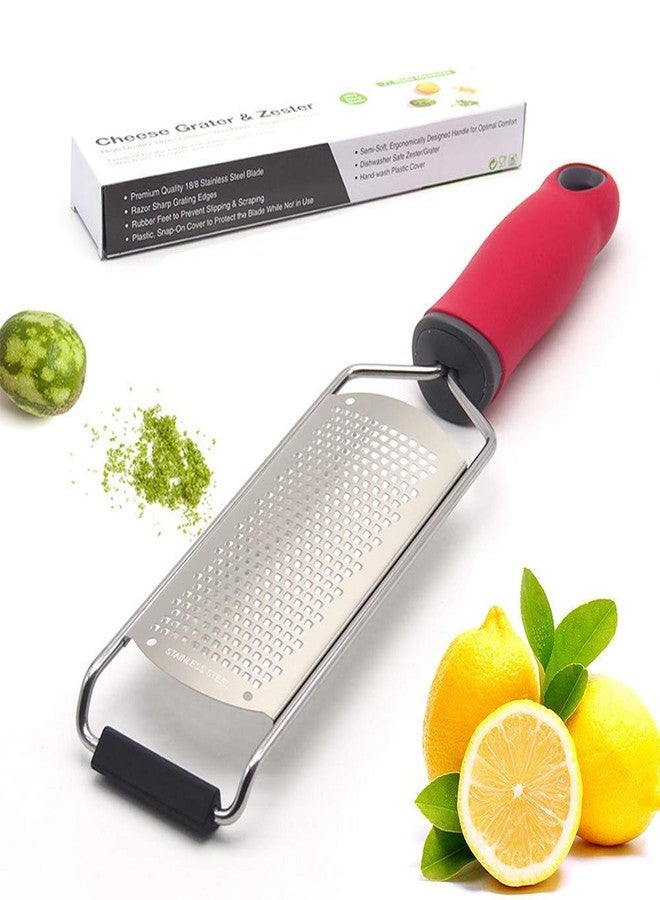 Ramkuwar Stainless Steel Cheese Grater - Flat Handheld Grater and Zester for Garlic, Chocolate, Vegetables, Fruits, Potato, Ginger, and More, Durable Kitchen Tool, Red Handle - Image 1